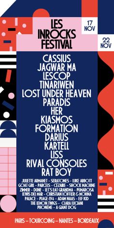 an event poster for the paris international jazz festival, featuring various types of music and their names