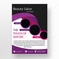 a beauty salon flyer is shown in purple and black colors, with circles on the front