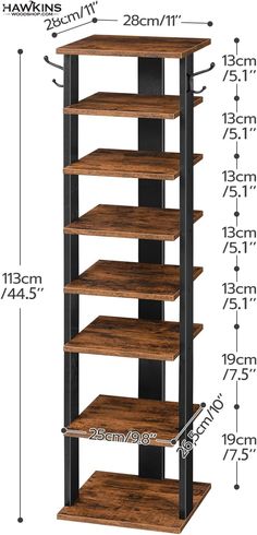 the measurements for a shelving unit with wooden shelves and black metal frame, which are also