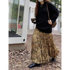 Fabric: Polyester Size: F Casual Brown Skirt For Winter, Casual Brown Relaxed Skirt, Casual Brown Winter Skirt, Casual Brown Relaxed Fit Skirt, Brown Casual Midi Skirt, Casual Brown Midi Skirt, Casual Pleated Maxi Skirt For Winter, Casual Winter Maxi Skirt, Flowy, Brown Relaxed Maxi Skirt For Winter