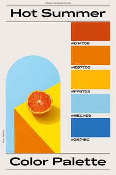 the color palette for hot summer is orange and blue, with an orange slice on top