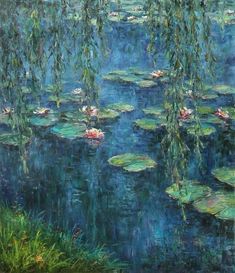 an oil painting of water lilies on a pond with willow branches and leaves in the foreground