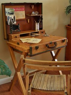 an old fashioned wooden desk has been transformed into a work station with the word, before and after written on it