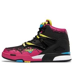 The Reebok Nerf x Pump Omni Zone 2 Big Bad Backboard is a limited edition basketball shoe inspired by the classic Nerfoop backboard from 1995 and is sure to be a hit with hoops fans of all ages. The black synthetic nubuck upper is adorned with magenta paint splatter effects while contrasting yellow accents highlight the TPU midfoot overlay and NERF branding hits. The tongue features a bright blue rubber pump button, adding a pop of color to this retro-inspired sneaker. (SNKR/Crossover) Magenta Paint, Reebok Pump Omni Zone Ii, Zone 2, Yellow Accents, Stylish Sneakers, Paint Splatter, Basketball Shoes, Bright Blue, Retro Inspired