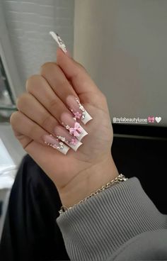 French Tips Long Nails, Pink Nails W Charms, Acrylic Nails With Hello Kitty Charms, French Tip With Hello Kitty Charm, Light Pink Nails Acrylic Hello Kitty, Long Acrylic Nails With Hello Kitty Charms, Quinceanera Nails, Diy Acrylic Nails, Hard Nails