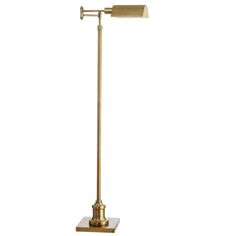 a brass colored floor lamp on a white background with the light turned on and off