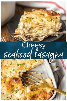 cheesy seafood lasagna in a casserole dish with a fork