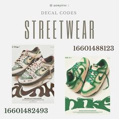 an advertisement for shoes with green and white designs on them, along with the words'decal code streetwear '