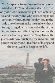 a man and woman kissing in front of a lighthouse with the words you're special to me you're the only one who i would't mind losing sleep