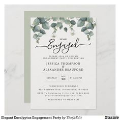 an elegant wedding card with eucalyptus leaves and the words engaged on it in black ink