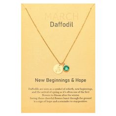 PRICES MAY VARY. March - Daffodil, represents new beginnings and hope. Bloom with this birth flower necklace: a celebration of you or you loved one! This necklace is not just an accessory. It's a keepsake, a celebration of family, and a way to keep your loved ones close to your heart. Rolo Chain Length: 17"-22" adjustable chain with lobster clasp closure Golden jewelry is a go-to choice for everyday wearing. We start with 316l stainless steel base which we then electroplate with a thick layer of May Birthstone Necklace With Birth Flower, May Birthstone Necklace With Flower Charm, January Birth Flowers, Women Birthday Gifts, Aquamarine Birthstone, Garnet Birthstone, Birth Month Flower, Golden Jewelry, Floral Jewelry