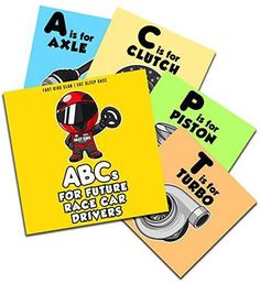 four different types of abc's for future race cars drives book covers in yellow, green, blue, and red