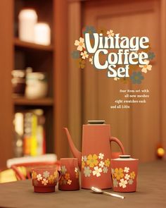 an advertisement for vintage coffee set on a table