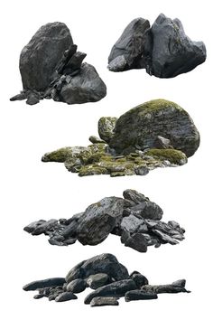 some rocks and moss are shown in different positions on a white background, including one with green moss