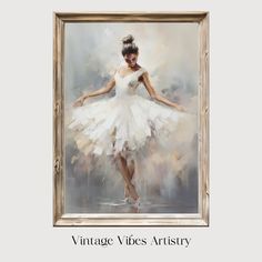 a painting of a ballerina in white dress with the words vintage vibes artistry