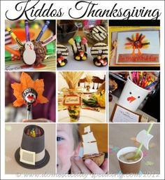 a collage of pictures with thanksgiving items and words on them that say kids's thanksgiving