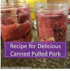 two jars filled with raw meat sitting on top of a counter next to an open canister