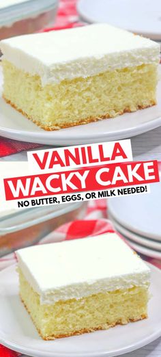 vanilla wacky cake on plates with the title overlay