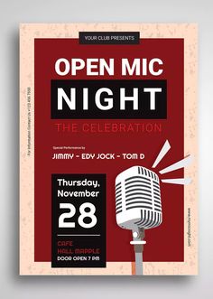 an open mic night flyer with a microphone on the front and back cover for it