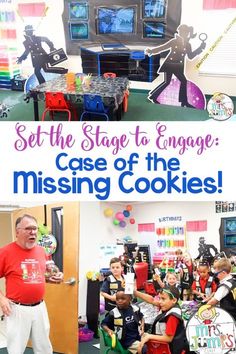 a collage of photos with the words set the stage to engage case of the missing cookies