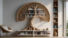 a room with a book shelf and a tree on the wall