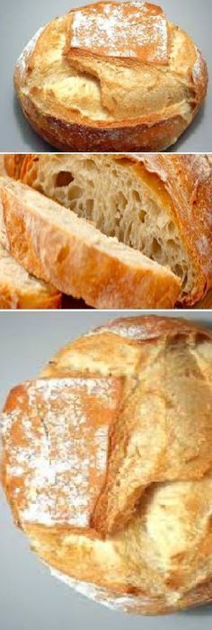 three different views of bread on a gray background and in the middle one is sliced