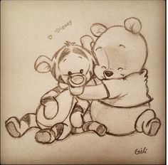 a drawing of winnie the pooh hugging a teddy bear with another winnie the pooh sitting next to her