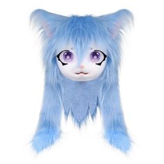 a blue furry animal head with big eyes and long hair, on a white background