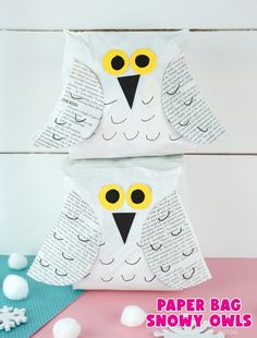 paper bag owl craft for kids with snowflakes on the ground and text overlay that reads paper bag snowy owls