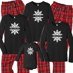 Personalized Snowflake Pajamas Outfit the whole family young and old. Nothing says Christmas matching family pajamas...say cheese! This festive Snowflake flannel set comes with a luxe 100% cotton jammie t-shirt in black with matching red plaid flannel pajama bottoms. Put the kids to bed in their Christmas pjs and let them rip open those packages Christmas morning. Your options are endless. This cozy pajama set is so comfortable it will be your go to uniform all winter break long. Set includes a Family Pajamas Christmas, Kids Christmas Pjs, Personalized Christmas Pajamas, Flannel Pajama Bottoms, Opening Gifts, Kids Birthday Shirts, Pajama Outfit, Matching Family Christmas Pajamas, Personalized Pajamas