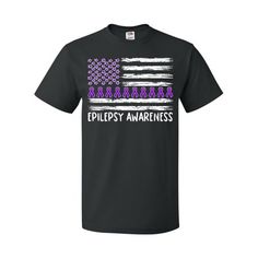 Epilepsy Awareness Purple Ribbons and Flag T-Shirt Size: S.  Color: Black.  Gender: male.  Age Group: adult. Purple T-shirt For Awareness Events With Letter Print, Purple T-shirt With Letter Print For Awareness Events, Black T-shirt With Graphic Print For Awareness Events, Black Graphic Print T-shirt For Awareness Events, Black Short Sleeve Tops For Awareness Events, Purple Ribbon, Flag Tshirt, Age Group, Mens T