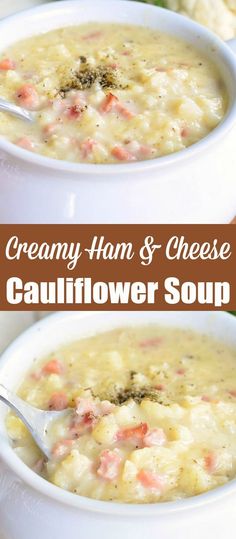 two bowls of creamy ham and cheese cauliflower soup