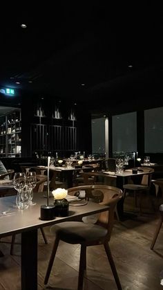 a dimly lit restaurant with tables and chairs