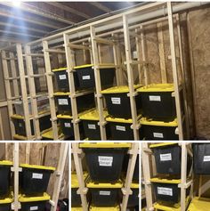 several pictures of storage bins in the process of being assembled and put on shelves