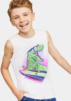 Catch the wave with this tagless tank featuring a surfing dino graphic. Playful Graphic Print Tank Top For Summer, Playful Summer Tops With Dinosaur Print, Playful Dinosaur Print Summer Tops, Playful Dinosaur Print Tops For Summer, Casual Sleeveless Tops For Swimming, Shark Pattern, Shark Print, The Wave, Kids Fashion Boy