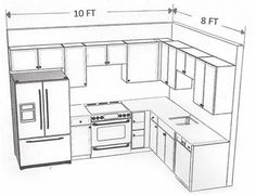 a drawing of a kitchen with an oven, refrigerator and sink