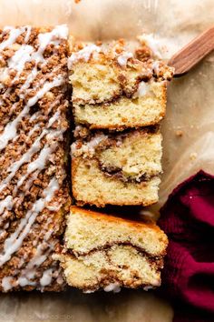 slices of cinnamon roll cake with icing on top