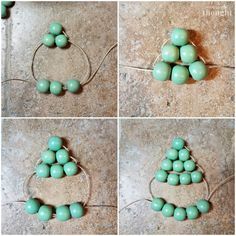 four pictures showing the steps to make a christmas tree ornament with green beads