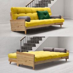 two photographs of a yellow couch with green pillows on it and stairs in the background