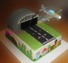 a cake that is shaped like an airport with a plane flying over the runway and trees