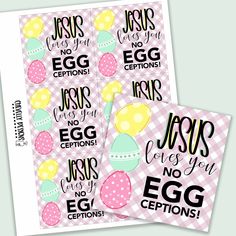 two easter stickers with the words jesus and eggs in pink gingham fabric