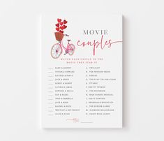 the movie couples game is shown on top of a white card with red flowers in it