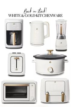 white and gold kitchen appliances with text overlay