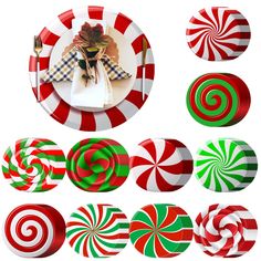 a plate with candy canes on it next to plates and napkins in the shape of christmas candies