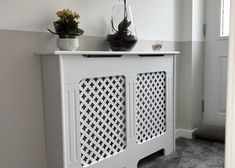 two potted plants on top of a white cabinet