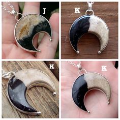 "🌙Handmade, Natural Petrified Palm Root (Indonesia), Sterling Silver Crescent Moon pendant on a Sterling Silver Chain. Featured in this listing are sterling silver, handmade, natural stone pendants. These lovely handmade pendants feature beautiful, LARGE Natural Petrified Palm Root Crescent Moon shaped stones. ❤︎Each natural stone has been hand carved and are a large 38x35mm\" approx. ❤︎Hand set into Sterling Silver, with two large 3mm granulation balls at the tip of each point ❤︎Pendant comes Unique Black Moon Phase Jewelry, Unique Black Jewelry With Moon Phase, Black Moon-shaped Jewelry With Sun And Moon Design, Black Moon-shaped Sun And Moon Jewelry, Black Moon Jewelry With Sun And Moon Design, Black Sterling Silver Jewelry With Sun And Moon Design, Handmade Black Moon Necklace, Black Moon Shaped Sterling Silver Necklaces, Black Moon-shaped Sterling Silver Necklace