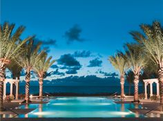 a person sitting on the edge of a swimming pool at night with palm trees in front of them