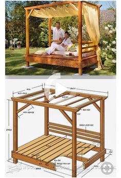 the plans for a wooden bed frame are shown in two different views, one with a canopy