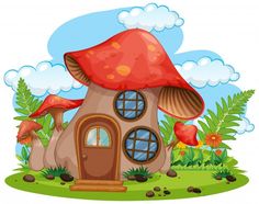 a mushroom house surrounded by plants and flowers