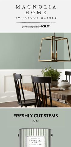 a dining room table and chairs with the words, magnolia home by joann james